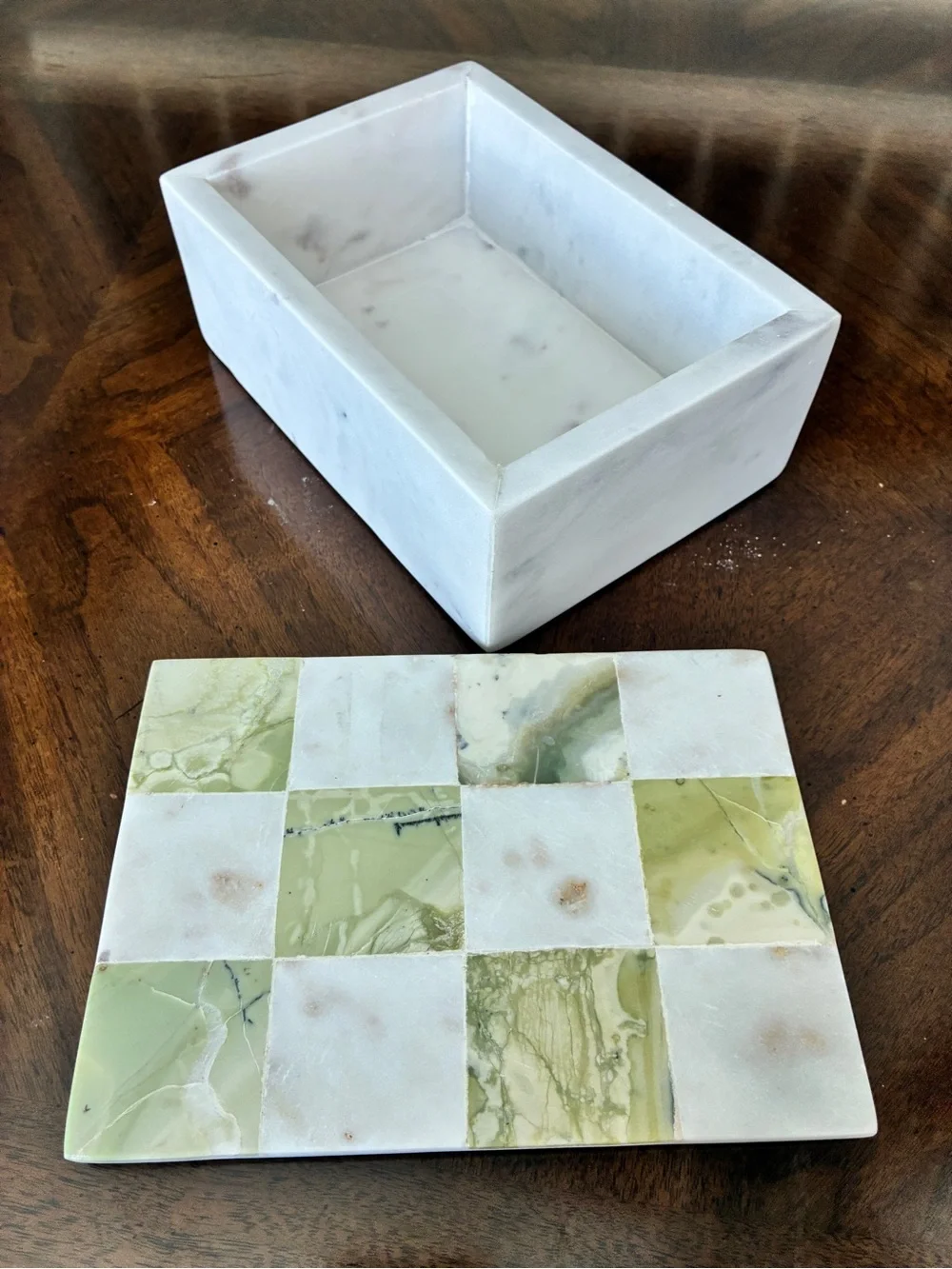 Green Onyx Inlay and White Marble Decorative Trinket Box